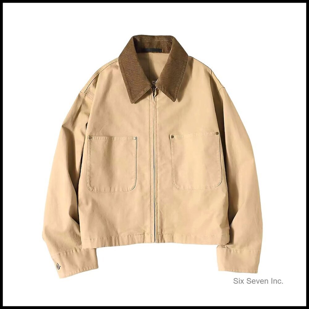 Cropped Bomber Jacket Corduroy Collar Lightweight Utility Zip Up Workwear Chic - Picture 1 of 7
